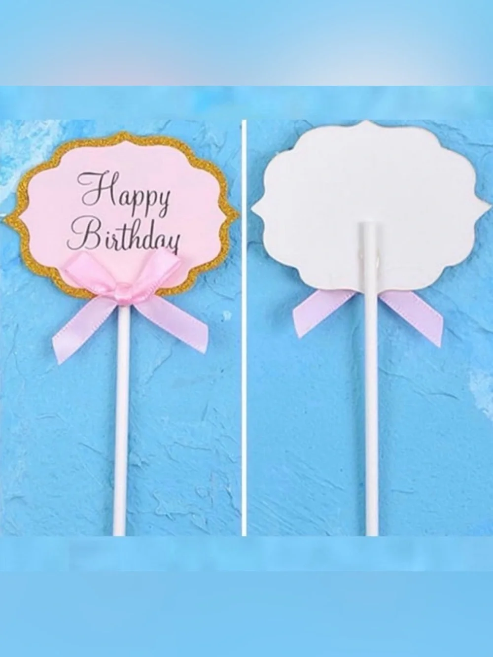 💞 New Pack of 10 Cream & Blue Glitter Buffet Food Label Cupcake Toppers